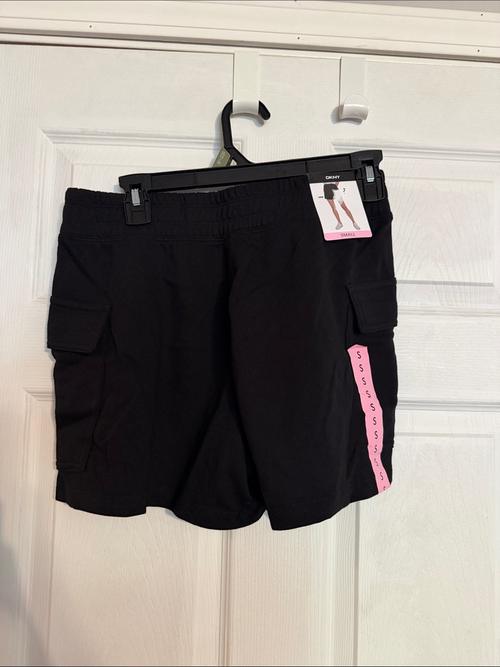 DKNY Black Cargo Shorts with Pink Side Tape